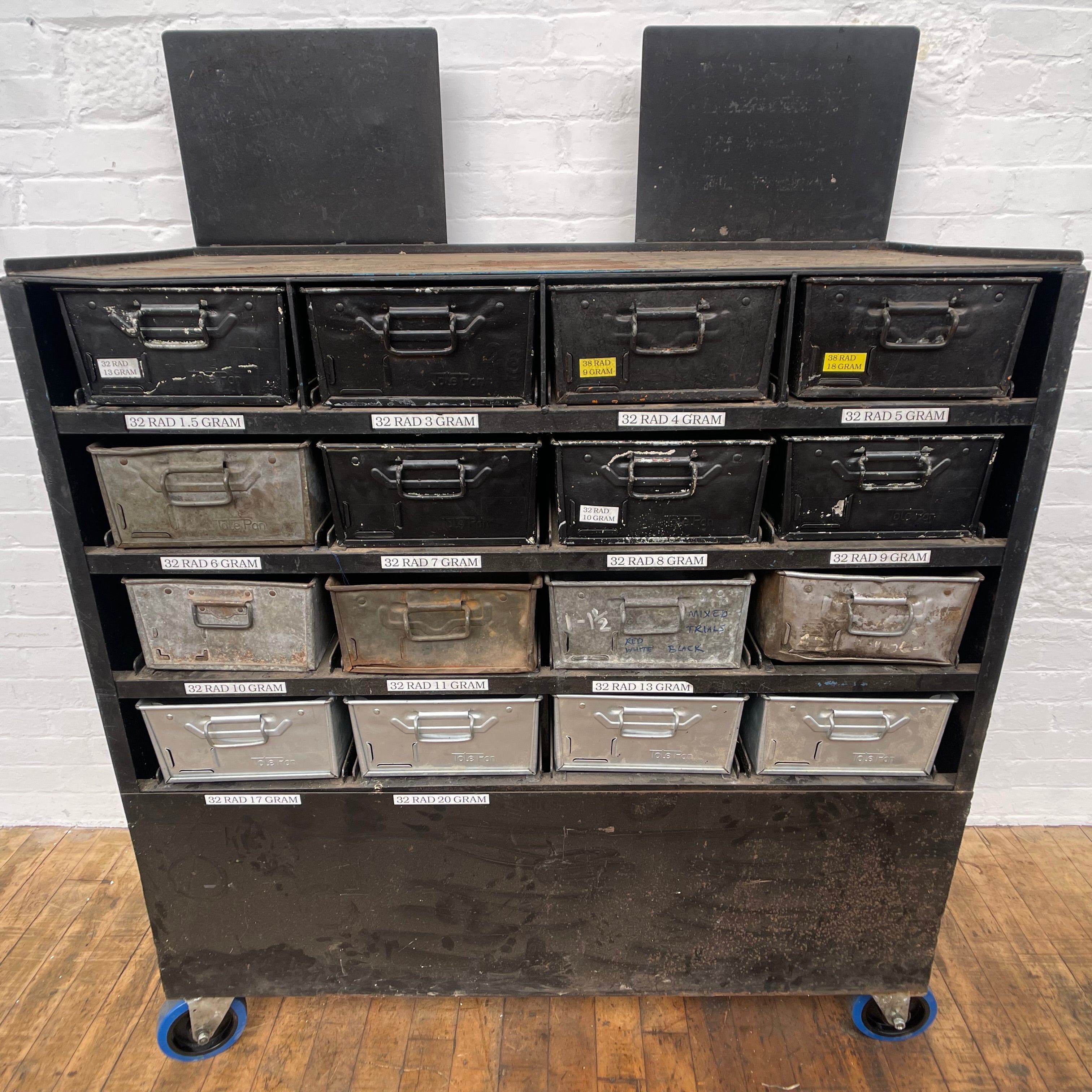 Industrial powerhouse props prop rental hire vintage tv movie film set dec blach shelving tin storage unit