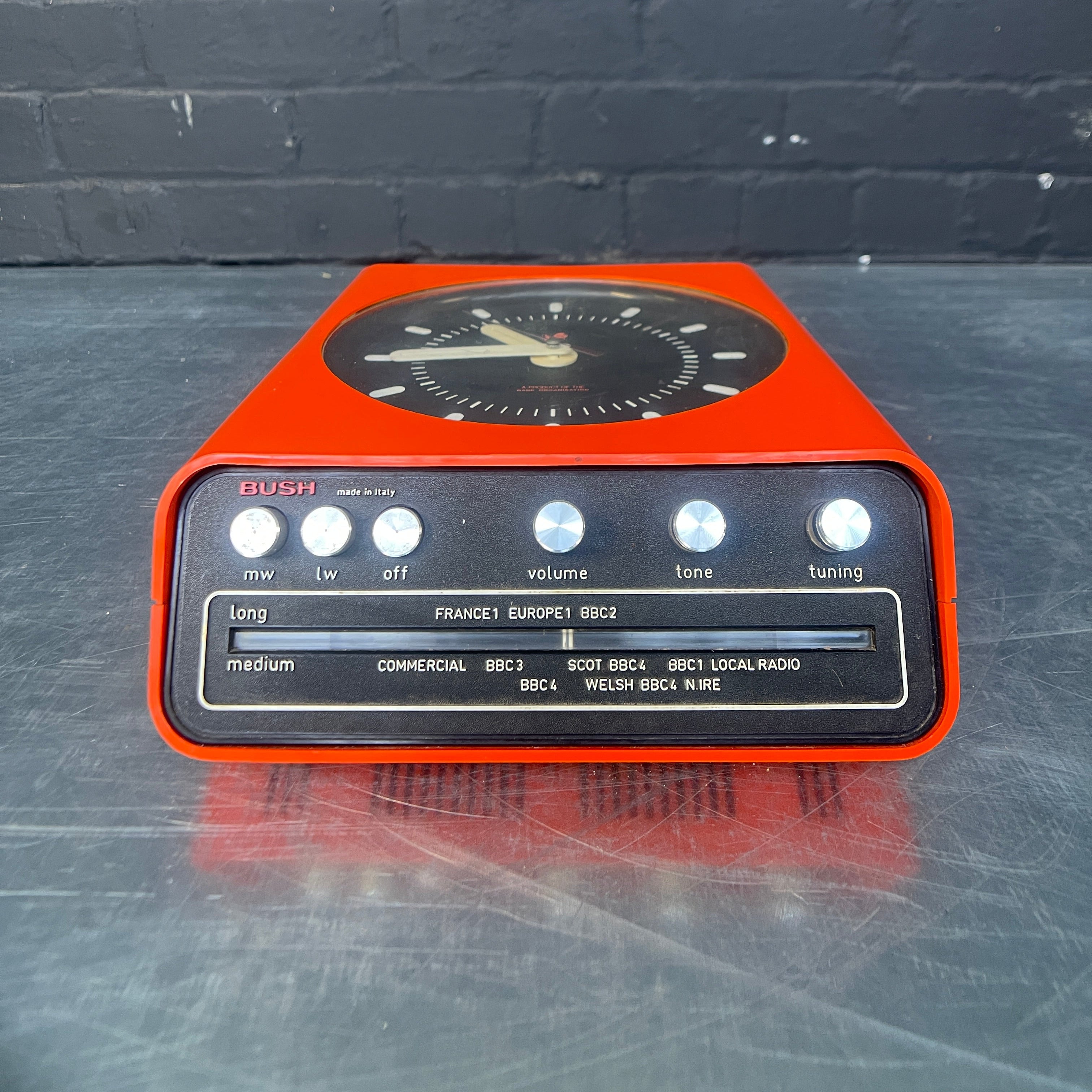 Industrial powerhouse props prop rental hire vintage tv movie film set dec orange Bush radio alarm clock