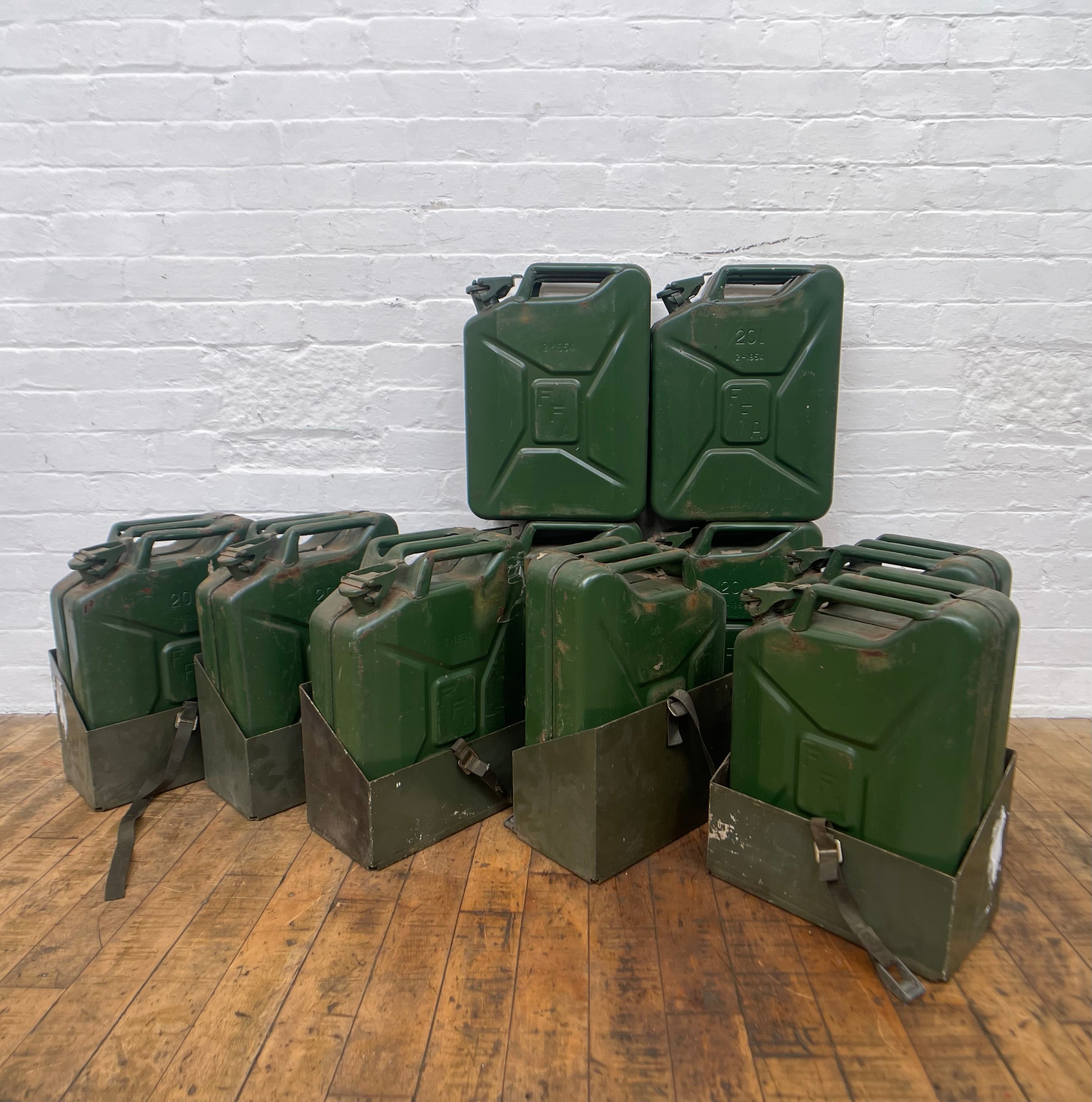 Powerhouse props industrial green NATO gerry can fuel container holders rental hire