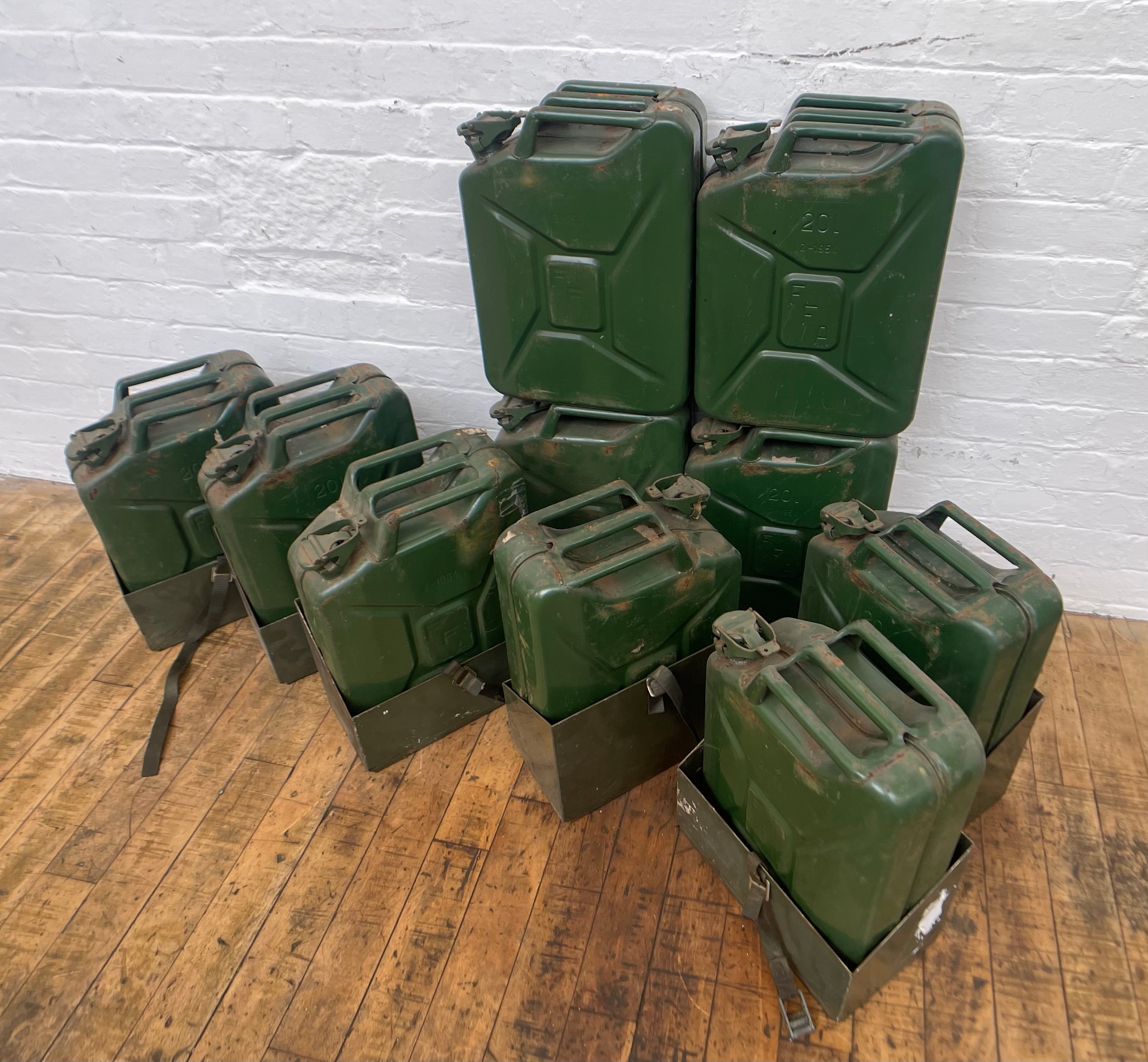 Powerhouse props industrial green NATO gerry can fuel container holders rental hire 2