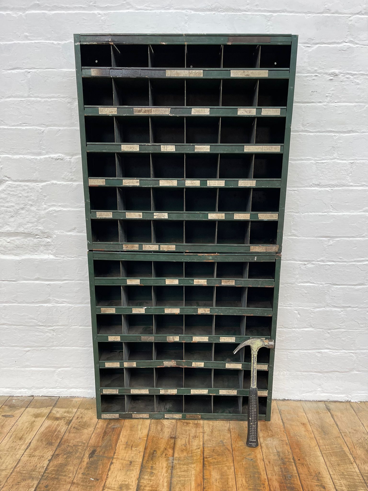 Powerhouse props industrial green shelves shelving rental hire pigeon holes