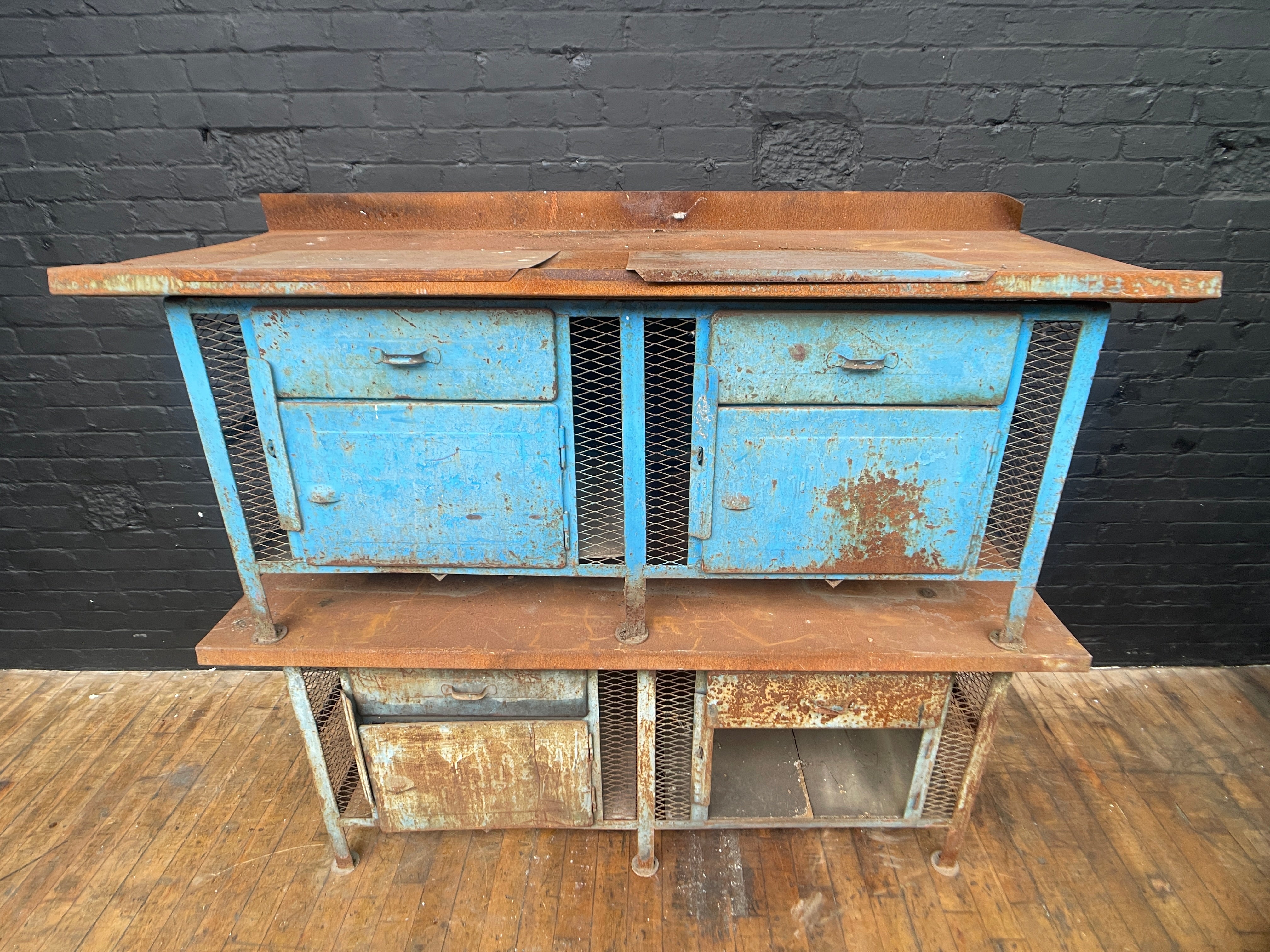 Powerhouse props vintage hire rental industrial workshop desk table drawers workbench prop 1