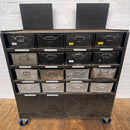 Industrial powerhouse props prop rental hire vintage tv movie film set dec blach shelving tin storage unit