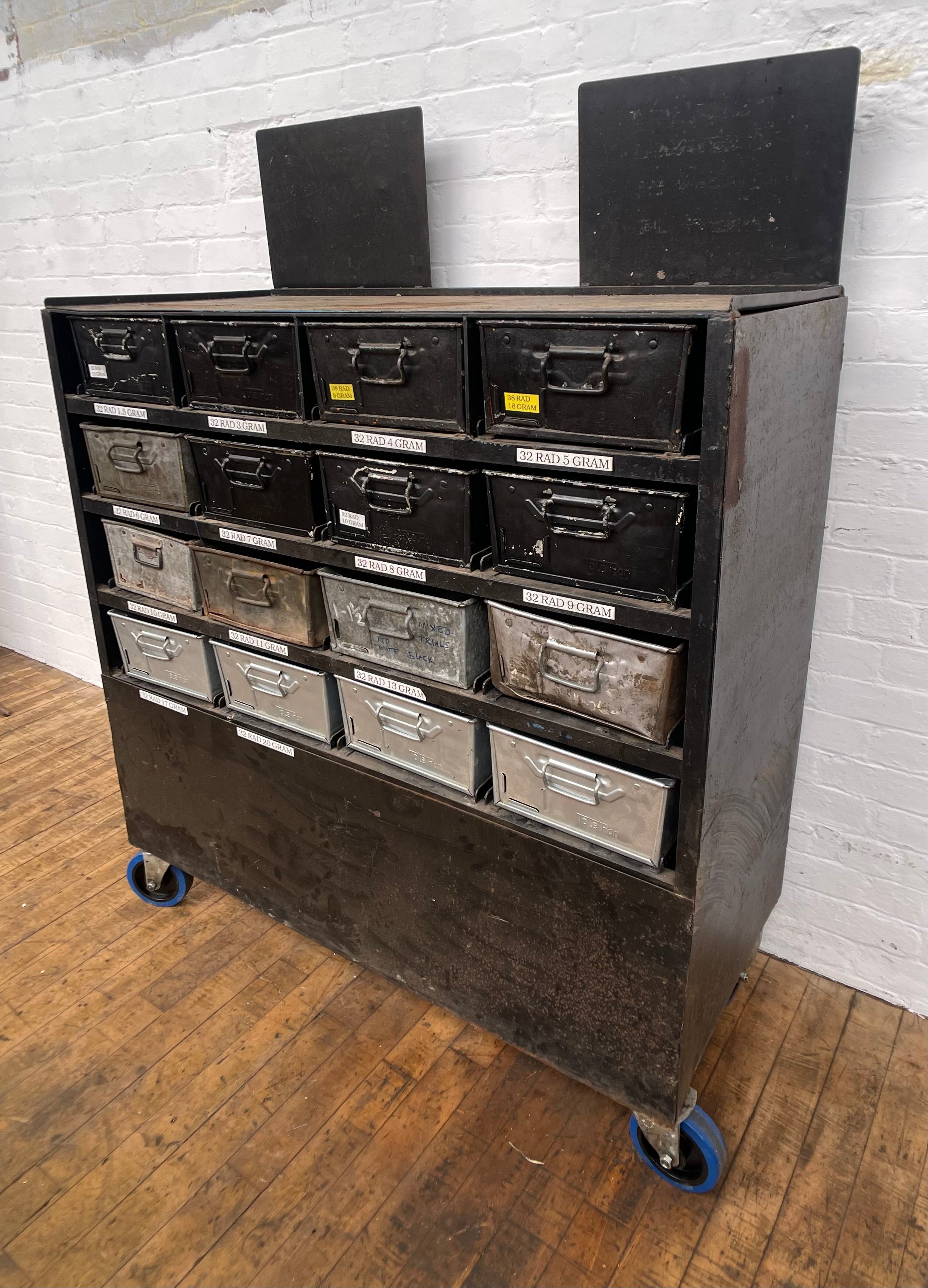 Industrial powerhouse props prop rental hire vintage tv movie film set dec blach shelving tin storage unit 3