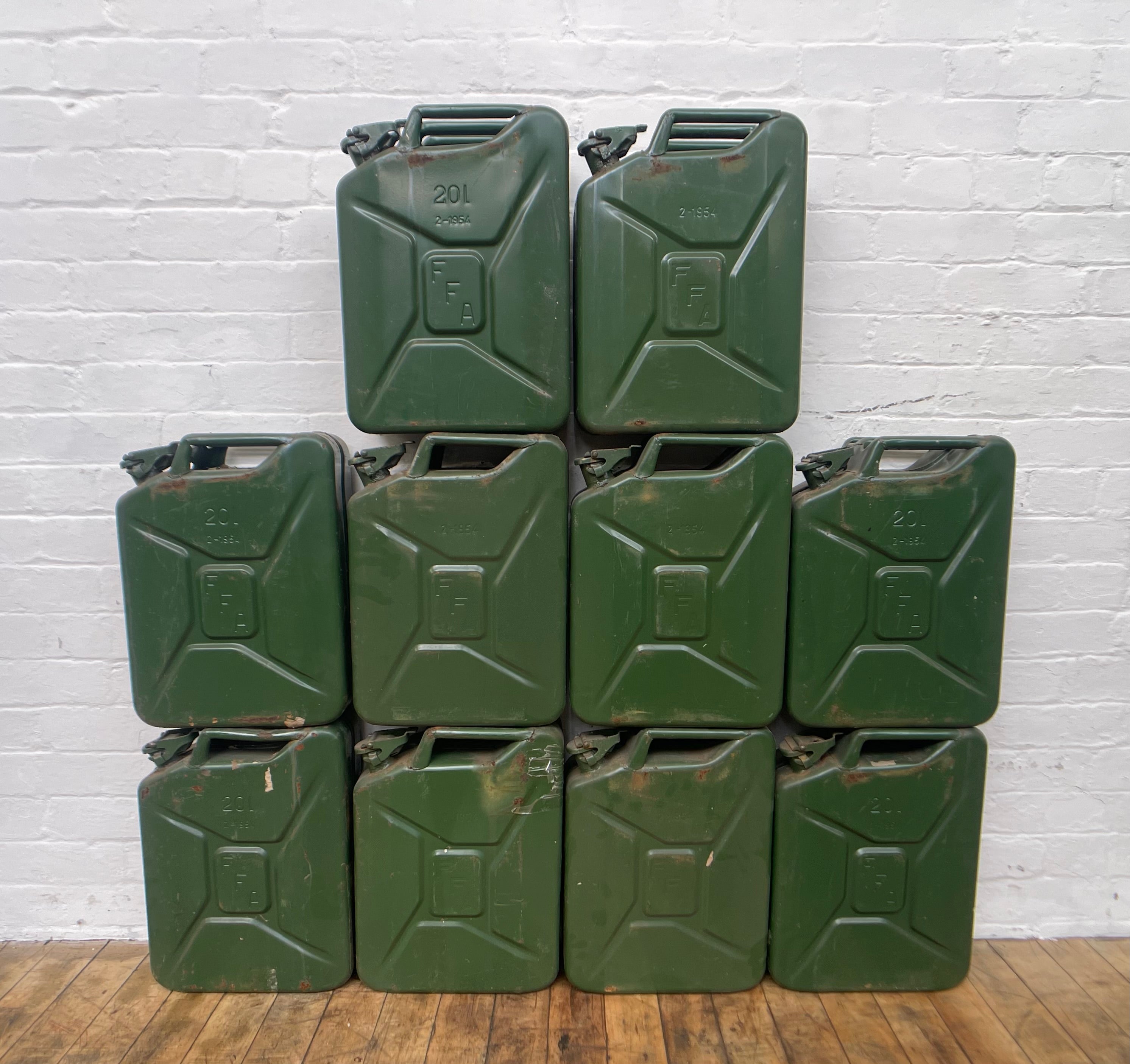 Powerhouse props industrial green NATO gerry can fuel container holders rental hire