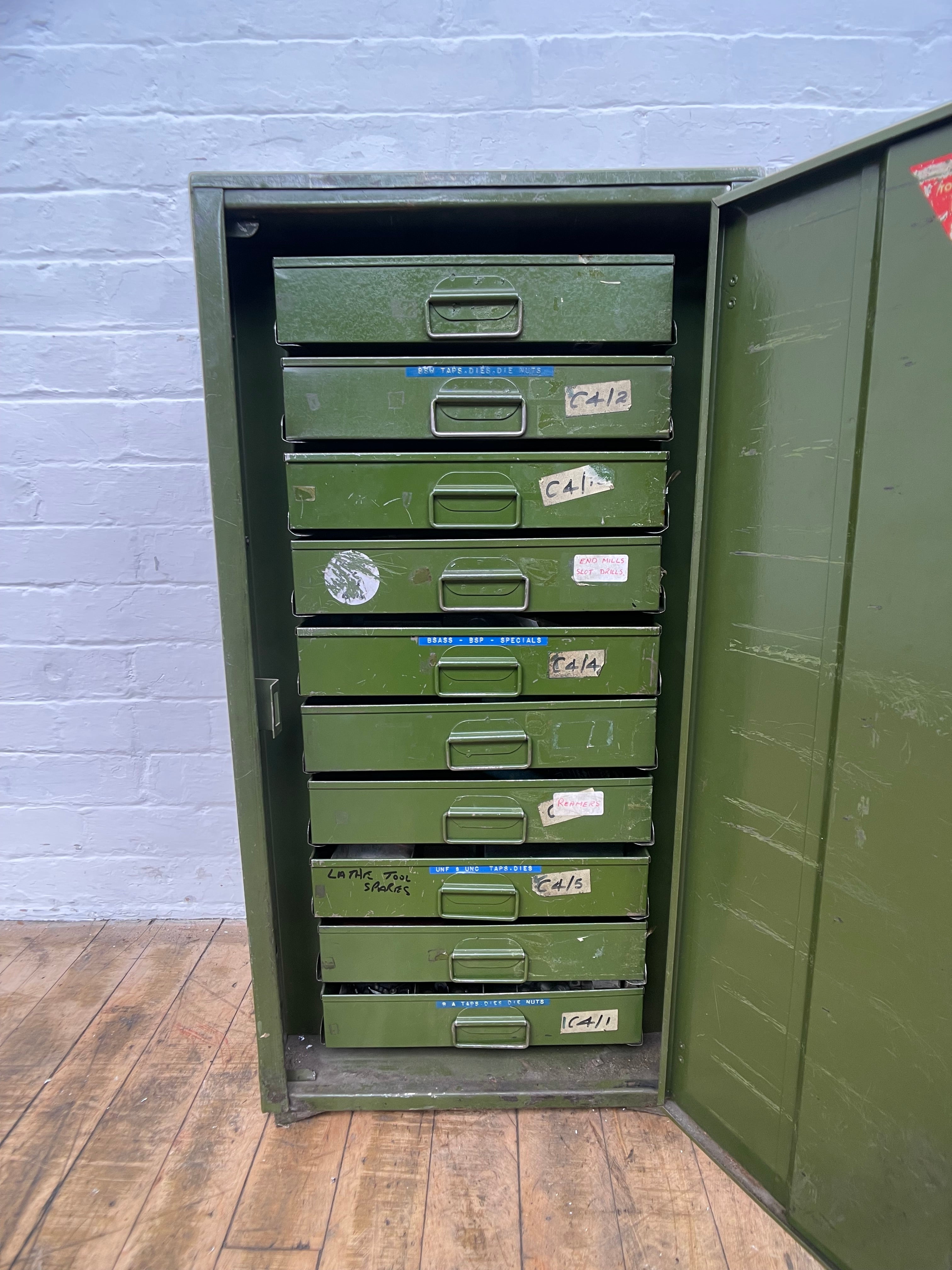 Powerhouse props industrial green tool workshop cabinet drawers rental hire 1