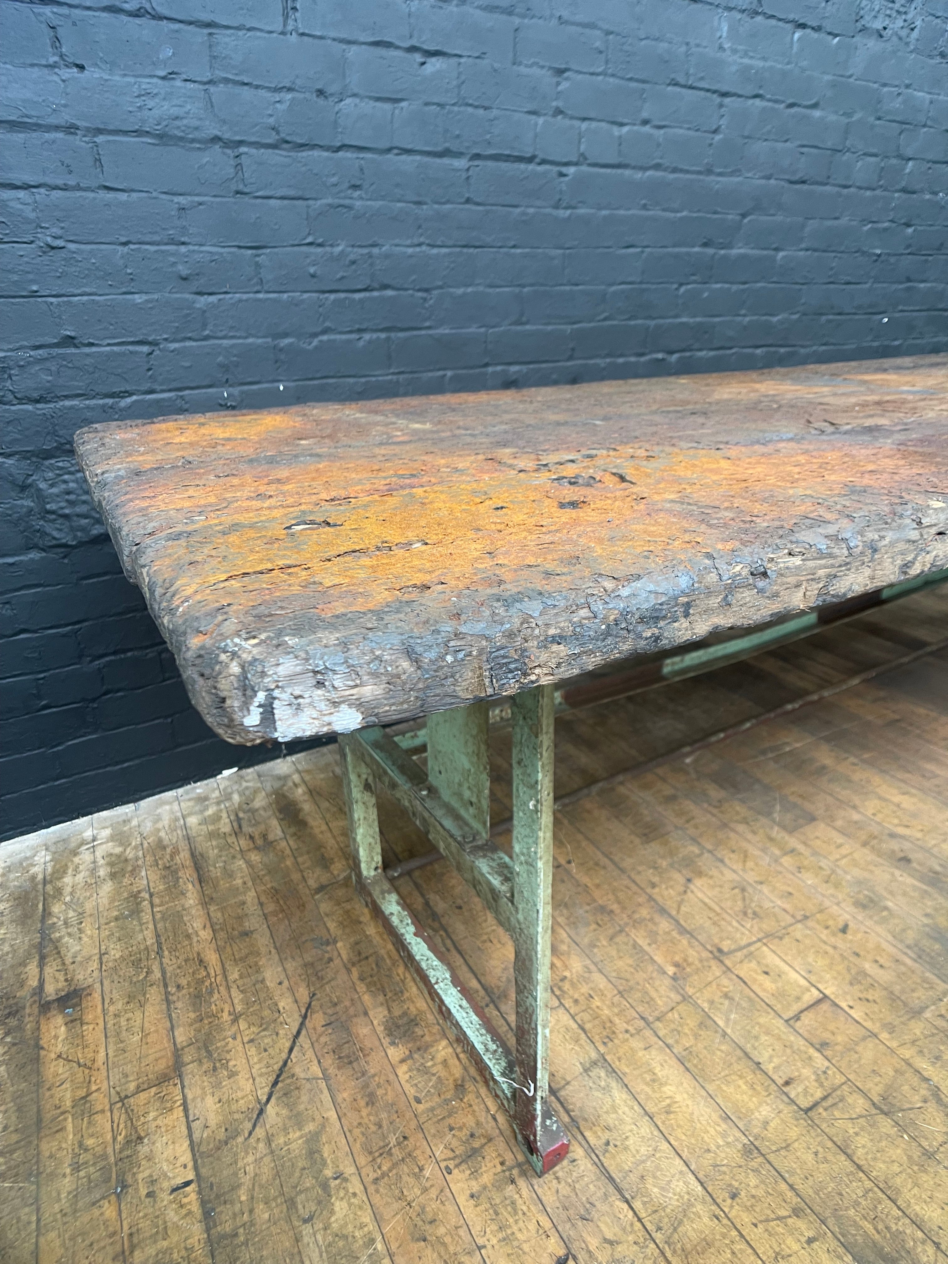 Powerhouse props vintage industrial wood wooden table top steel legs rusty movie film rental hire base